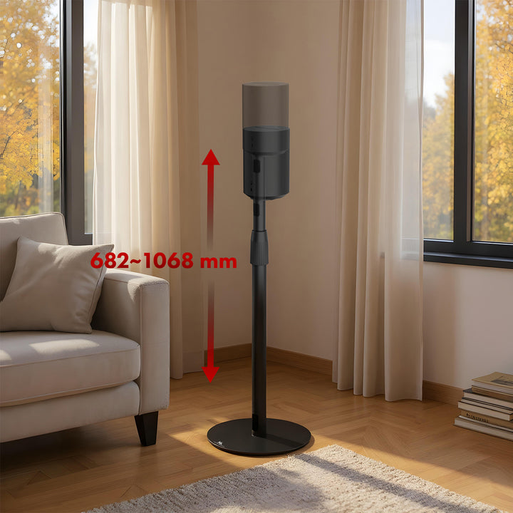 Maclean MC-496 Floor stand for Sonos Era 100 and 300 | Adjustable 682-1068 mm | Cable management and stable base | Set of 2 black tripods | Stylish and safe design