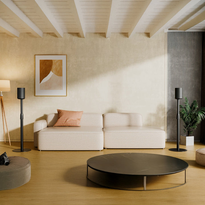 Maclean MC-496 Floor stand for Sonos Era 100 and 300 | Adjustable 682-1068 mm | Cable management and stable base | Set of 2 black tripods | Stylish and safe design