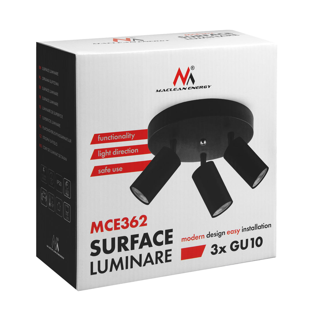 Lampa síleála Maclean, spota, sochorraithe, alúmanam, 3xGU10, 55x100mm, dath dubh neamhlonrach, MCE362 B