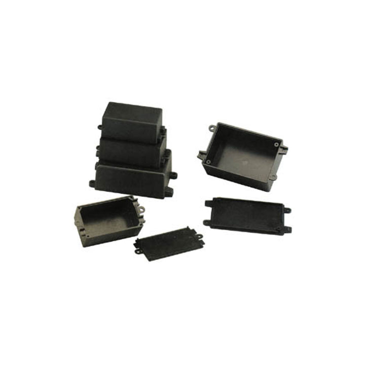 Black housing with ventilation holes, 65x38x25mm – compact and durable enclosure for electronics and components