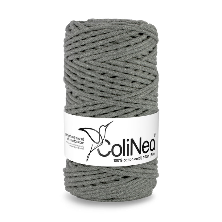 ColiNea 3mm Dark Gray Braided Cotton Cord with Durable Cotton Core, 100m Length - Ideal for Crafting and DIY Projects