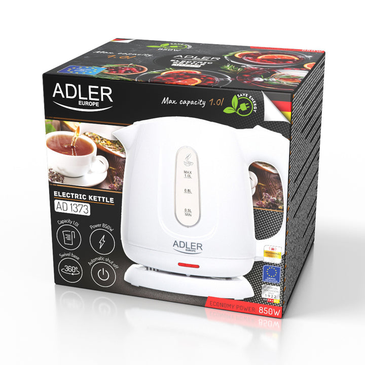 Adler AD 1373 Electric Kettle, Capacity 1L, Power 850W, White, Water Boiler Portable with Auto Shut-off