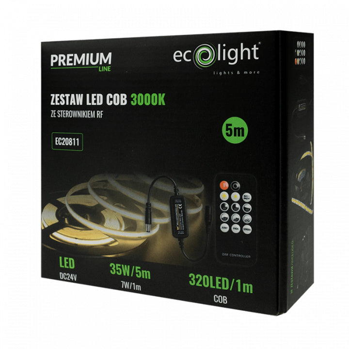 EcoLight LED tape, 5m, IP20, 3000K, power supply, remote control, EC20811