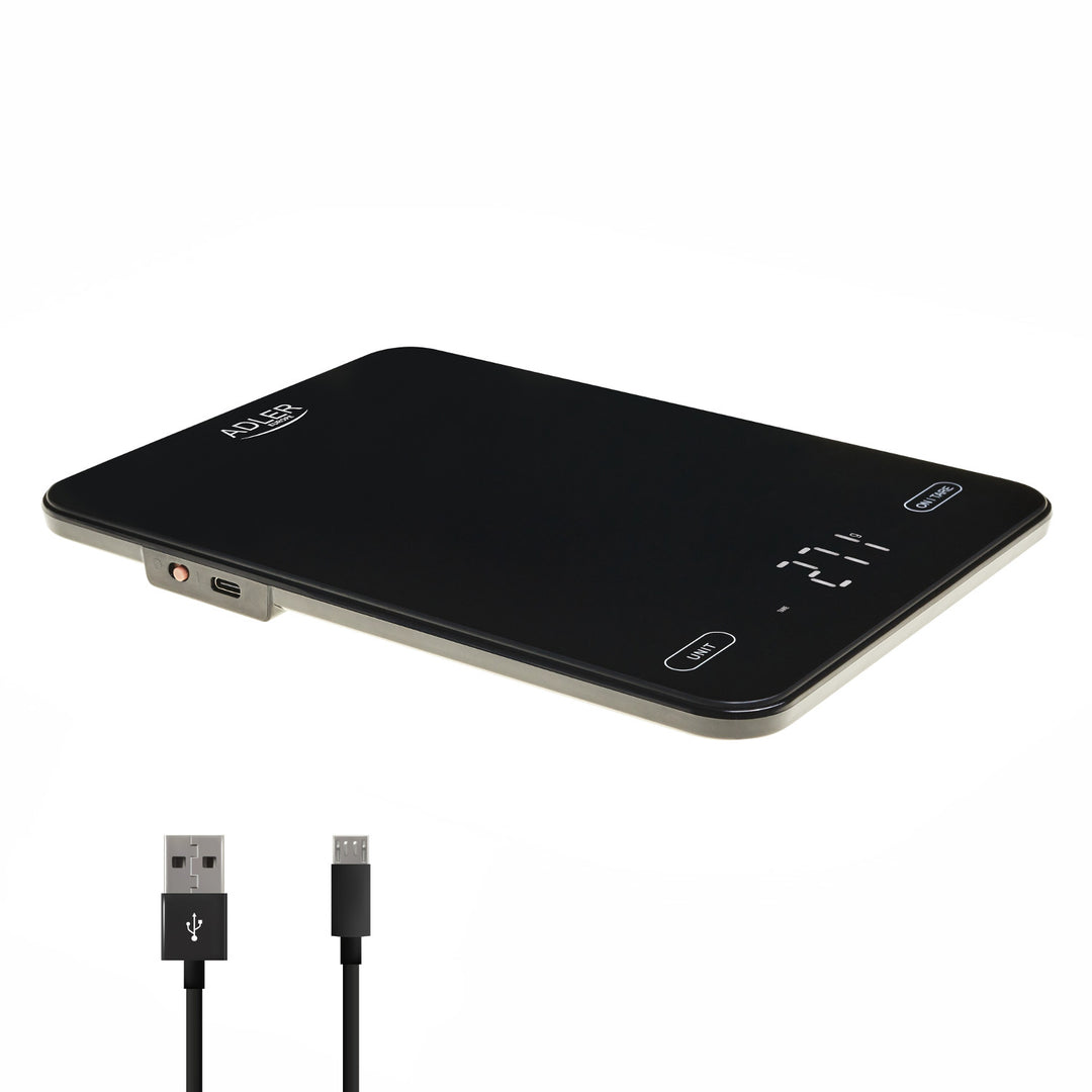 Kitchen scale, Adler, black, 10 kg, USB rechargeable, AD 3177