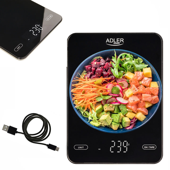 Kitchen scale, Adler, black, 10 kg, USB rechargeable, AD 3177