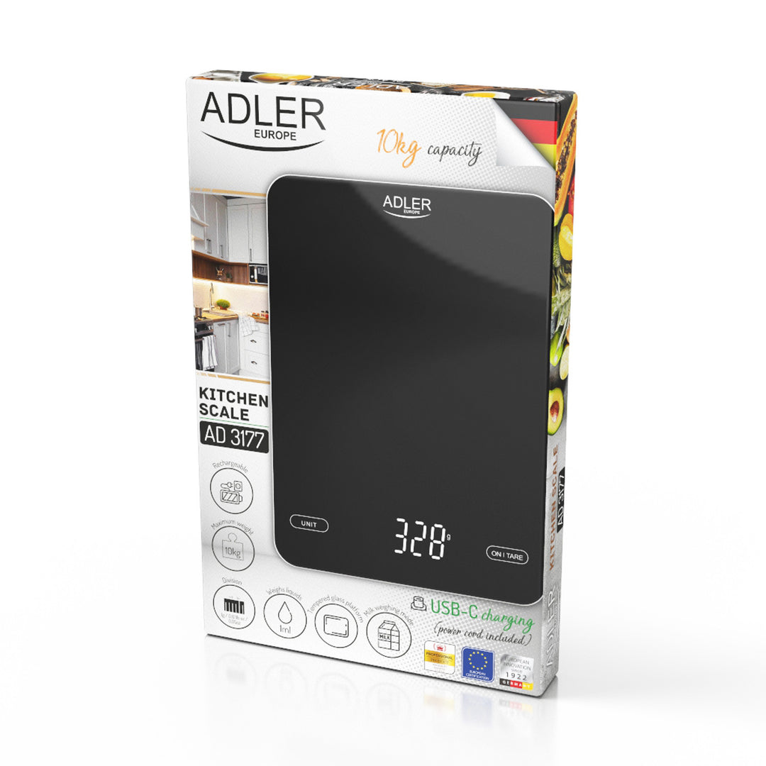Kitchen scale, Adler, black, 10 kg, USB rechargeable, AD 3177