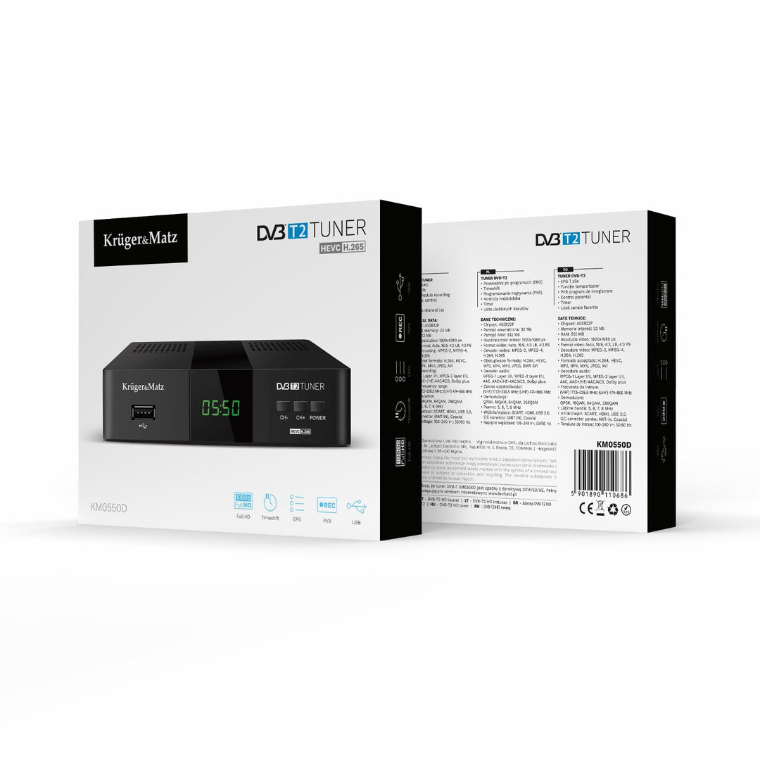 KM0550D DVB-T2 Tuner and Decoder with H.265 HEVC, EPG, PVR, and Timeshift by Kruger&Matz