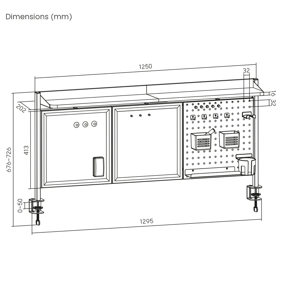 Ergo Office desk divider / organizer, max load 10kg, white and cork board, width 1250mm, black,ER-300 B