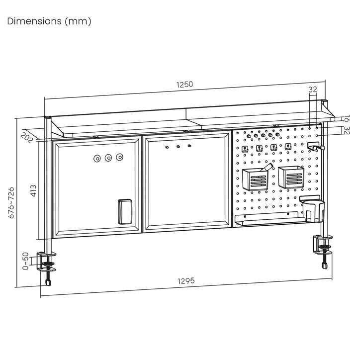 Ergo Office desk divider / organizer, max load 10kg, white and cork board, width 1250mm, black,ER-300 B