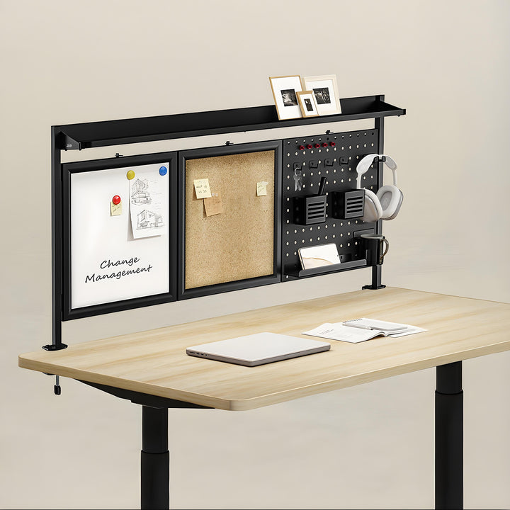 Ergo Office desk divider / organizer, max load 10kg, white and cork board, width 1250mm, black,ER-300 B