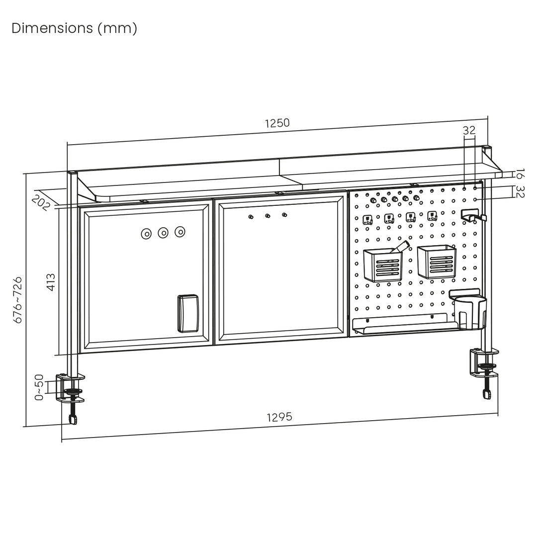Ergo Office desk divider / organizer, max load 10kg, white and cork board, width 1250mm, white, ER-300 W