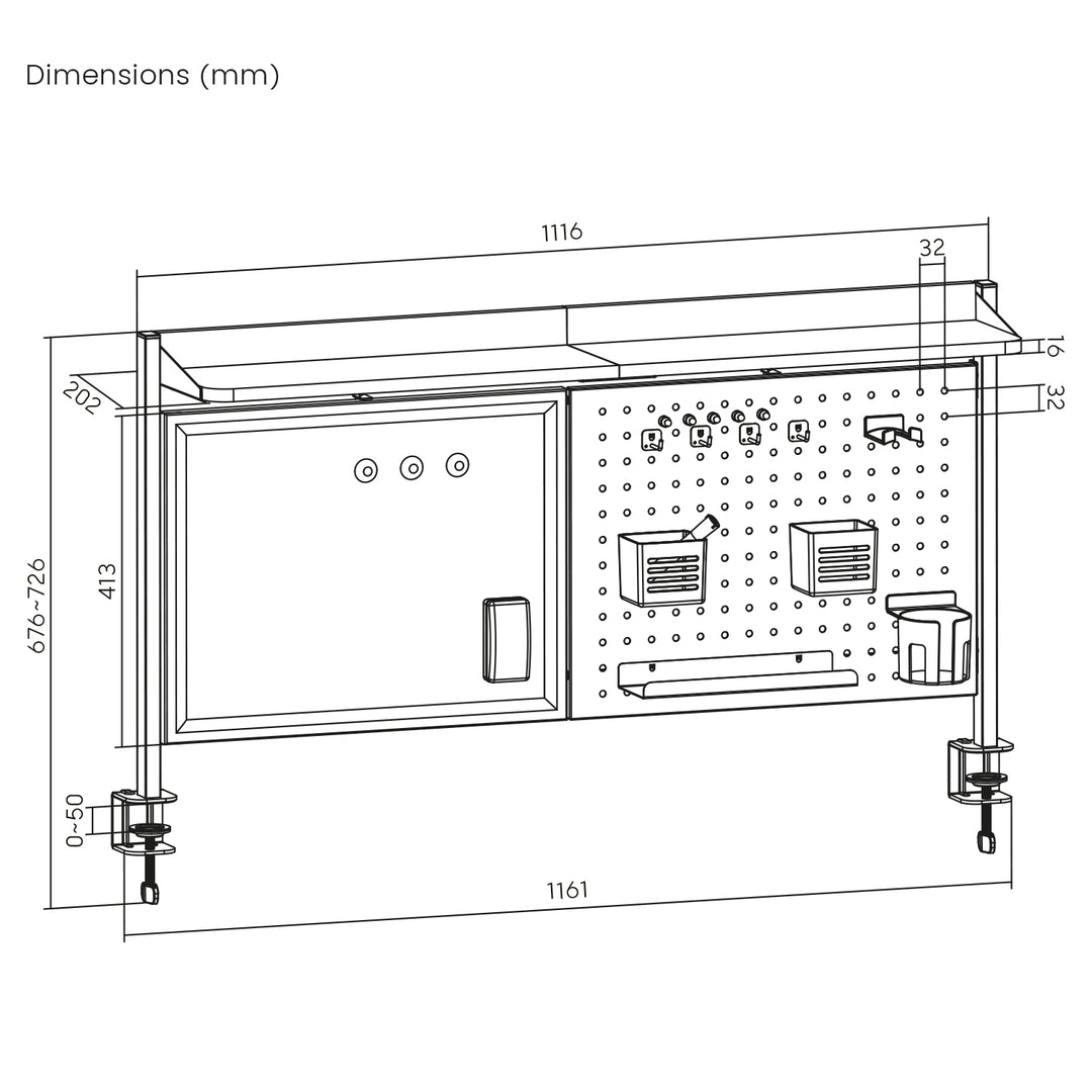 Ergo Office desk divider / organizer, max load 10kg, white board, width 1116mm, black, ER-301 B