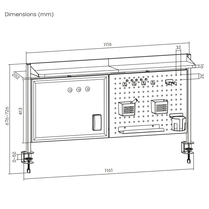 Ergo Office desk divider / organizer, max load 10kg, white board, width 1116mm, black, ER-301 B