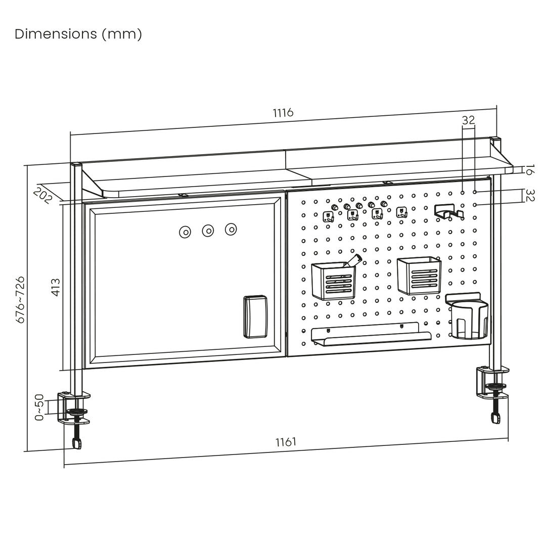 Ergo Office desk divider / organizer, max load 10kg, white board, width 1116mm, white, ER-301 W