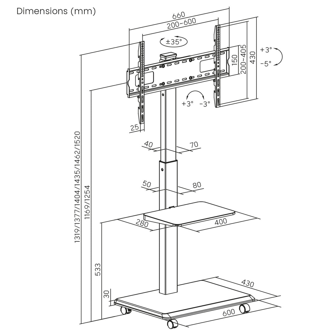 Stand / cart for TV Ergo-Office, max. load 50kg / 5kg shelf, max. VESA 600x400, built-in power strip, black, ER-304 B