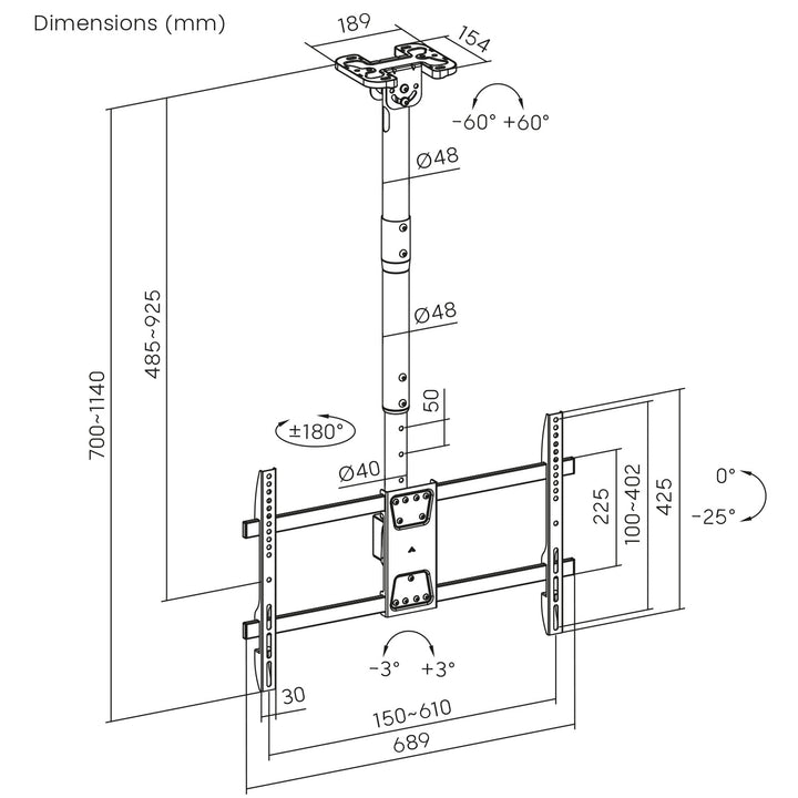 Maclean ceiling mount for TV, max load 60kg, 43-86", max VESA 600x400, MC-112 B