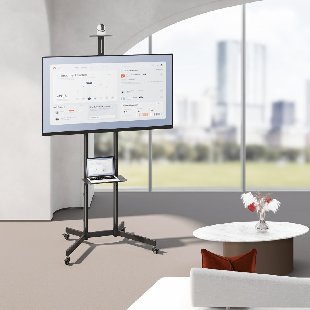 Seasamh/cart teilifíse Maclean, seilf ceamara, ar rothaí, 37-70", ualach uasta seilf 45kg/5kg, uasmhéid VESA 600x400, MC-113 B