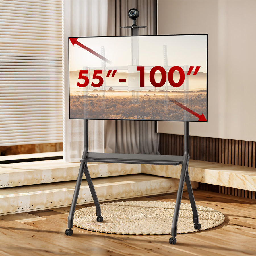 Maclean TV stand / cart, camera shelf, on casters, 55-100", max load 120kg/10kg shelf, max. VESA 900x600, black, MC-114 B