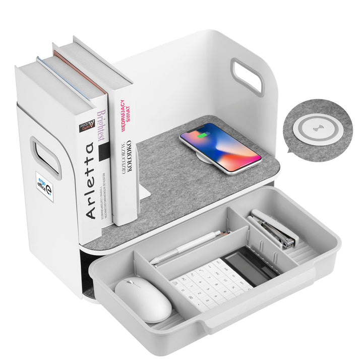 Desk organizer with drawer and wireless charger Ergo Office, white, max. 10kg, ER-441 + Under-desk organizer for office supplies up to 5kg ER-442