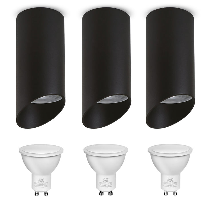 Maclean surface-mounted luminaire / tube, spot, round, aluminum, GU10, 55x130mm, black color, MCE360 B 3pcs + LED bulb GU10 7W Maclean Energy MCE437 NW neutral white 4000K, 220-240V~, 50/60Hz 3pcs