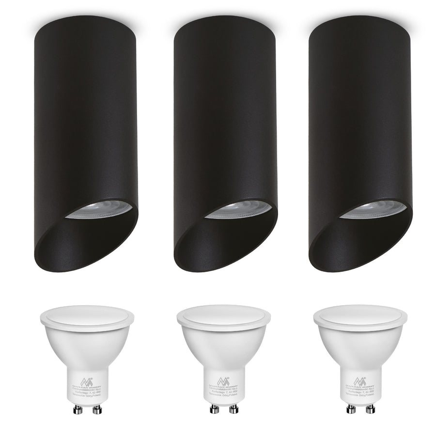 Maclean surface-mounted luminaire / tube, spot, round, aluminum, GU10, 55x130mm, black color, MCE360 B 3pcs + LED bulb GU10 7W Maclean Energy MCE437 NW neutral white 4000K, 220-240V~, 50/60Hz 3pcs