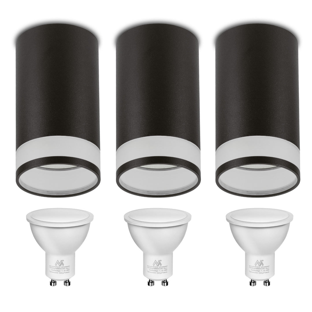 Maclean surface-mounted luminaire / tube, spot, round, aluminum, GU10, 55x130mm, black color, MCE361 B 3pcs+ LED bulb GU10 7W Maclean Energy MCE437 NW neutral white 4000K, 220-240V~, 50/60Hz, 490 3pcs