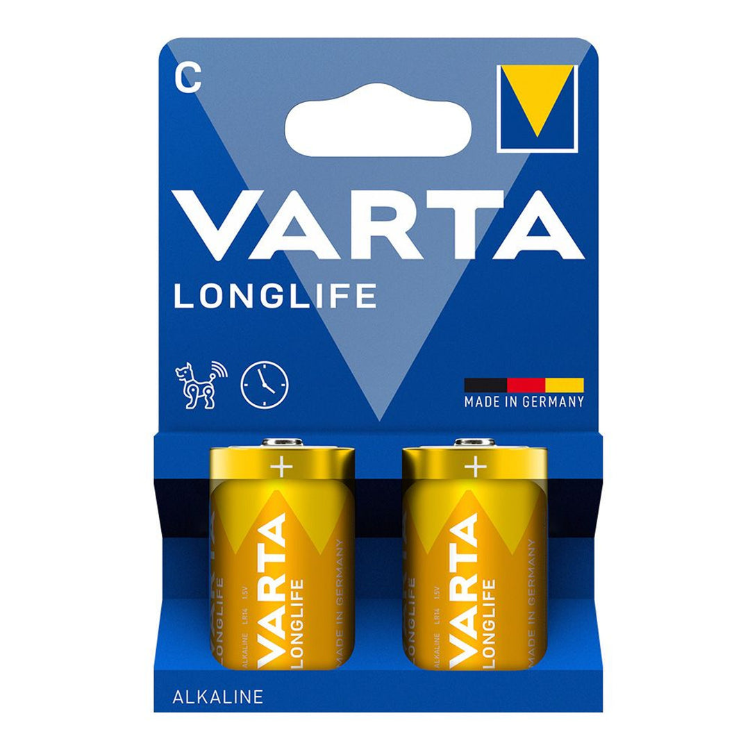2x 1.5V LR14 C Varta Longlife alkaline batteries, blister pack