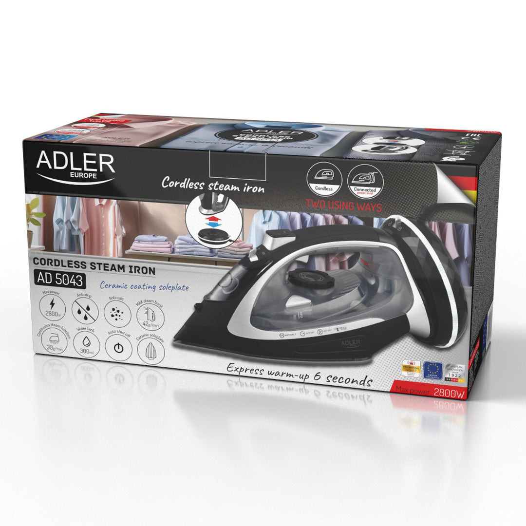 Adler steam iron, cordless, ceramic soleplate, 2800W, AD 5043