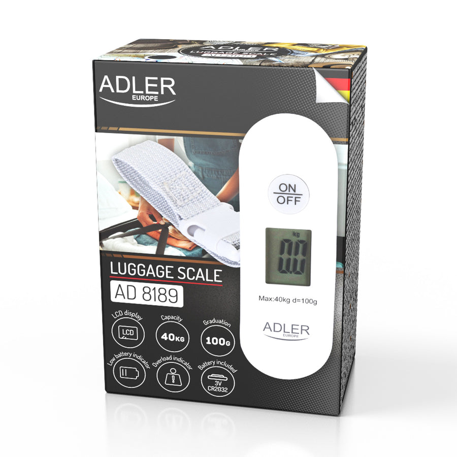 Adler luggage scale, up to 40 kg, LCD display, tare function and result stabilization, white-gray, AD 8189