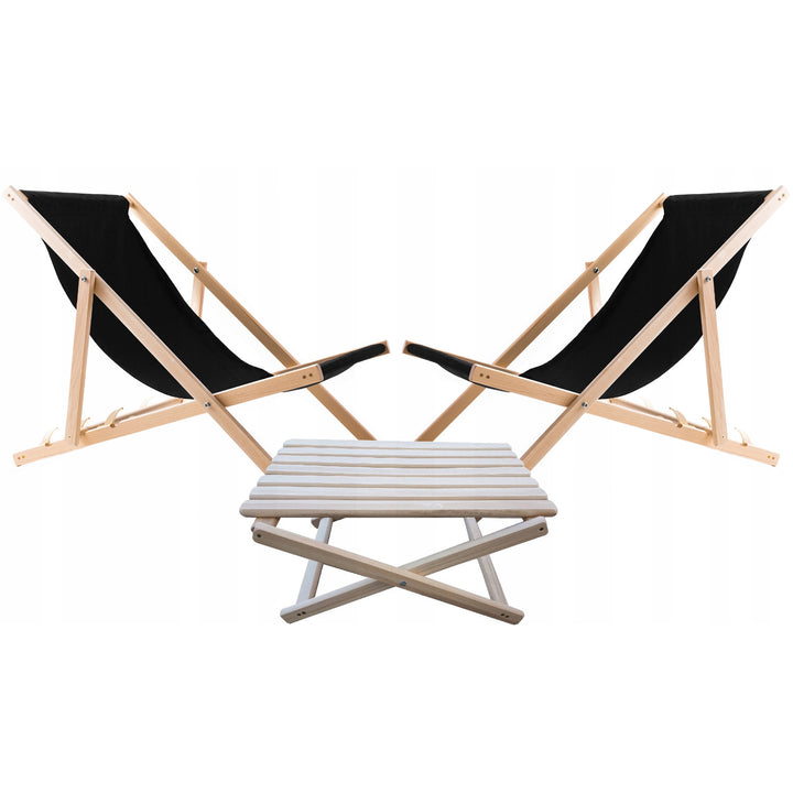 Set of 2 beach chairs, black color + wooden coffee table Woodok