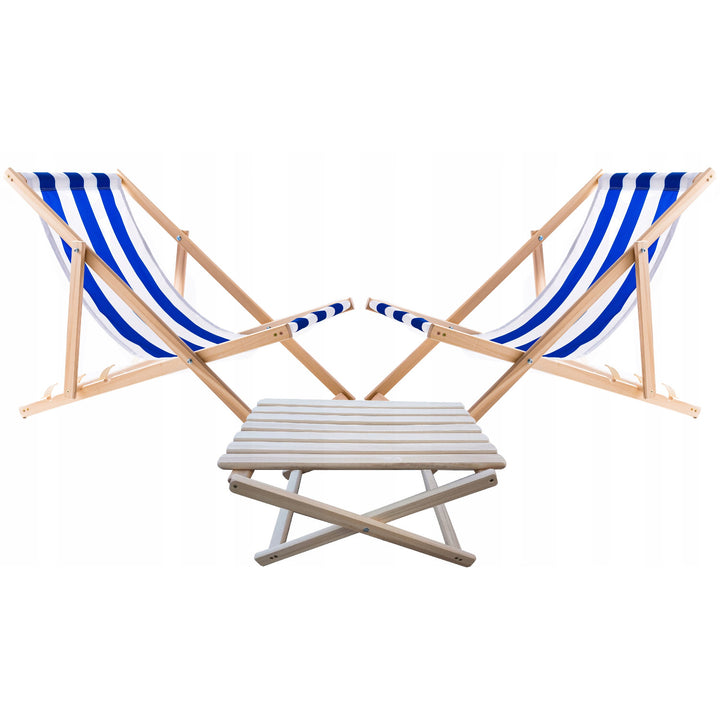 Sraith de 2 chathaoir trá, stríoca gorma + bord caife adhmaid Woodok