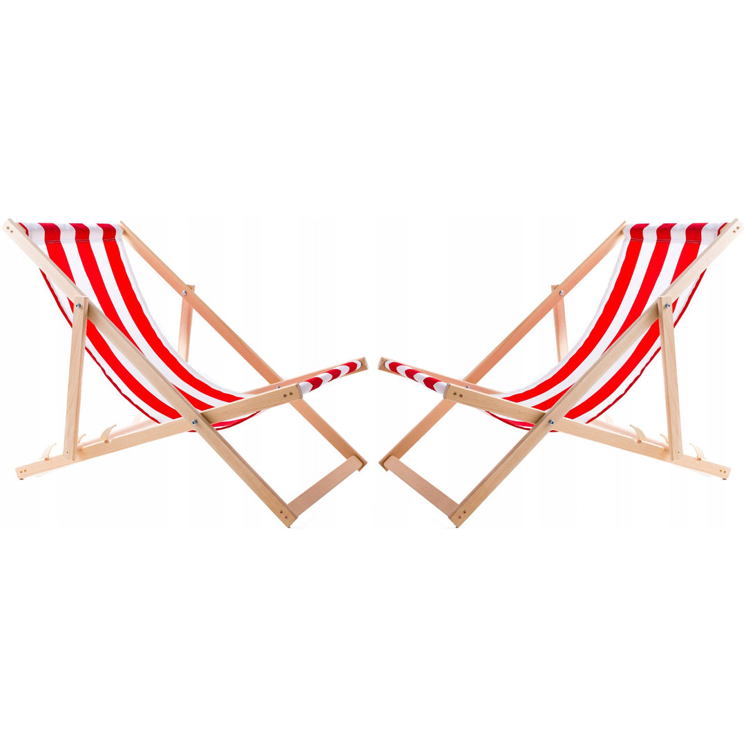 Set of 2 beach chairs, red stripes + wooden coffee table Woodok