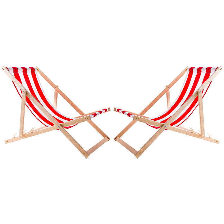 Set of 2 beach chairs, red stripes + wooden coffee table Woodok