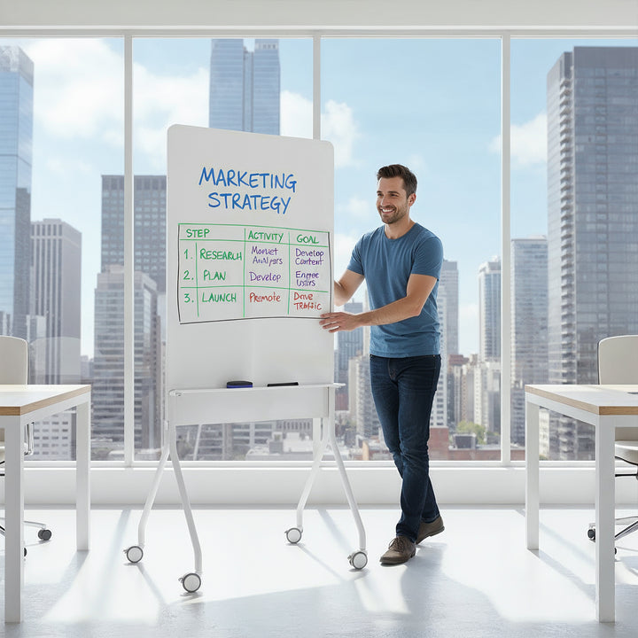 Ergo Office mobile dry erase board, vertical orientation, white, single sided, with shelf, board dimensions 1190x790mm, ER-305