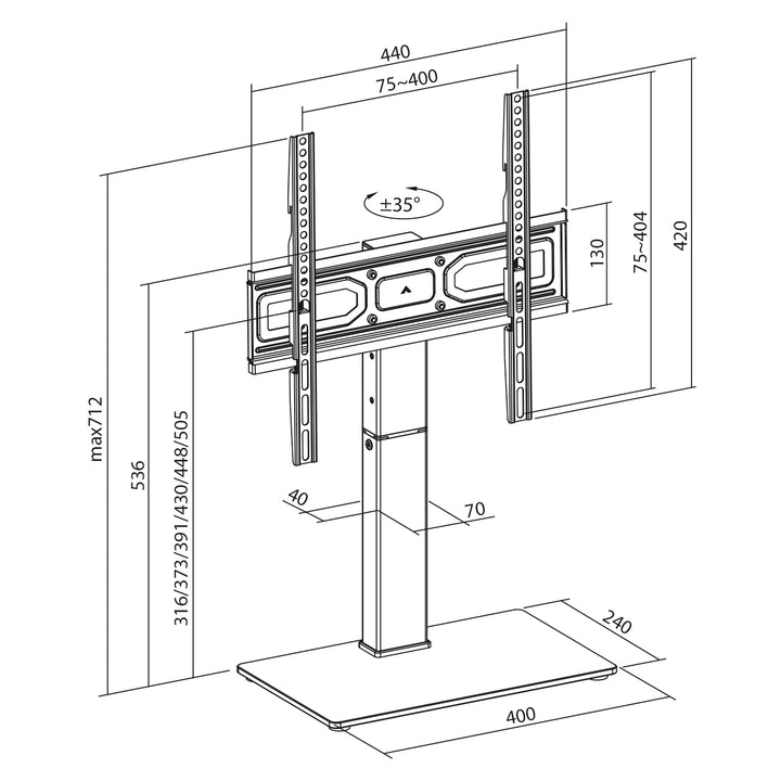 Maclean universal TV stand, for RTV cabinet, stand, max. 40kg, max. VESA 400x400, height and angle adjustment, for 32-65" TV, MC-1240