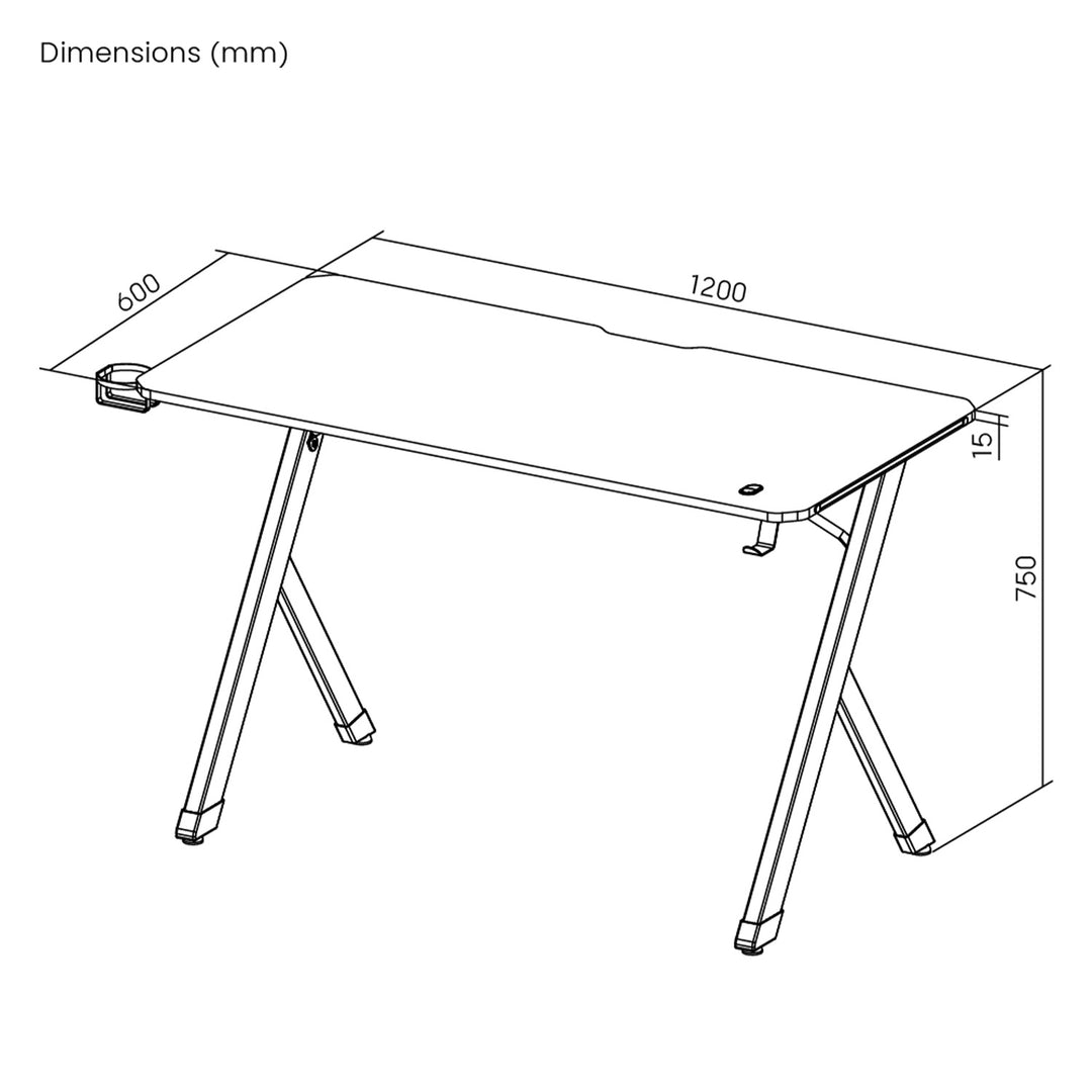 NanoRS gaming desk, black, with headphone and cup holder, max. 75kg, dimensions 1200x600x750mm, RS101