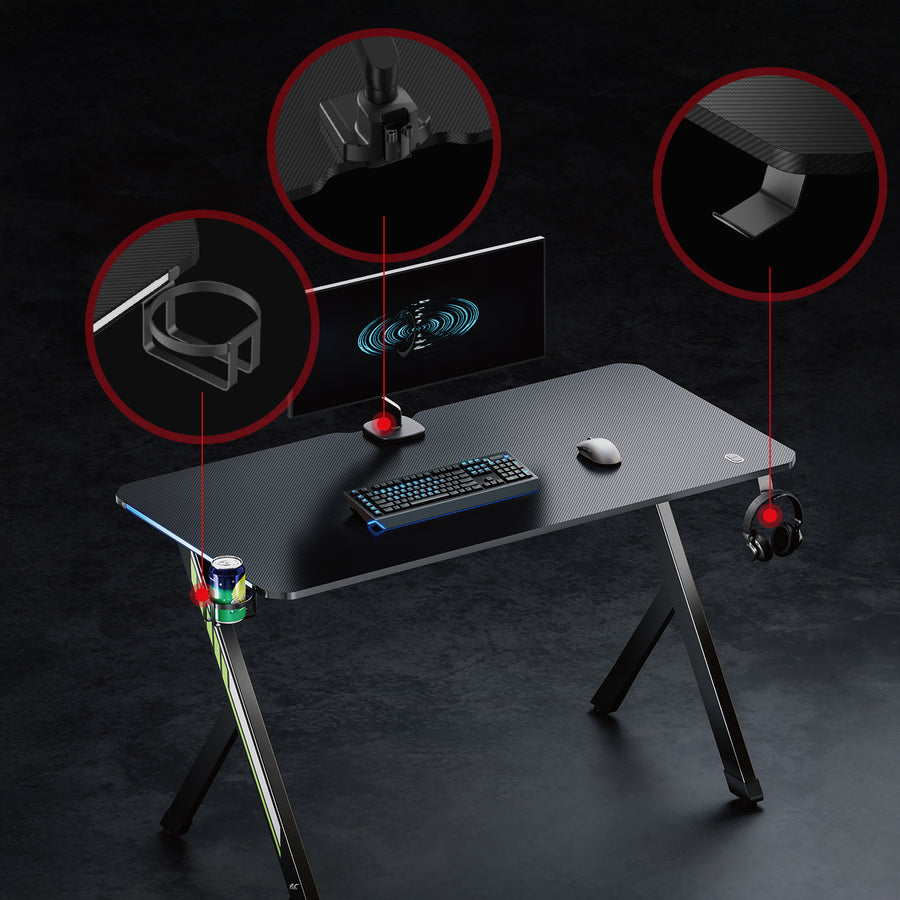 NanoRS gaming desk, black, with headphone and cup holder, RGB backlighting, max. 75kg, dimensions 1200x600x750mm, RS102