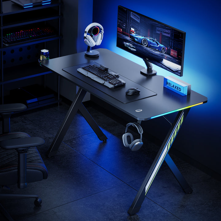 NanoRS gaming desk, black, with headphone and cup holder, RGB backlighting, max. 75kg, dimensions 1200x600x750mm, RS102