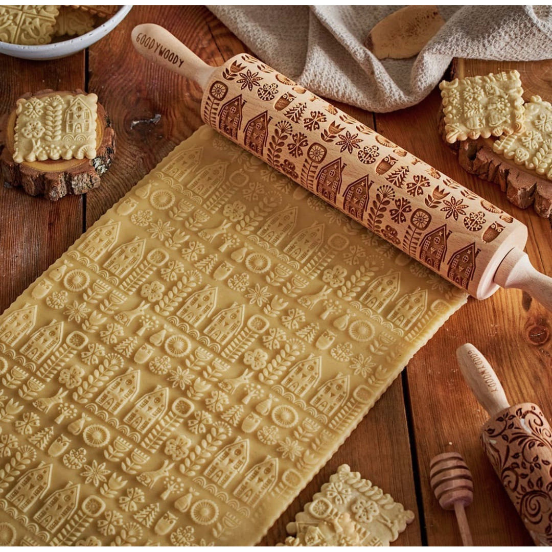 Goody Woody engraved cake roller, 46 cm, beech wood, Scandinavian style