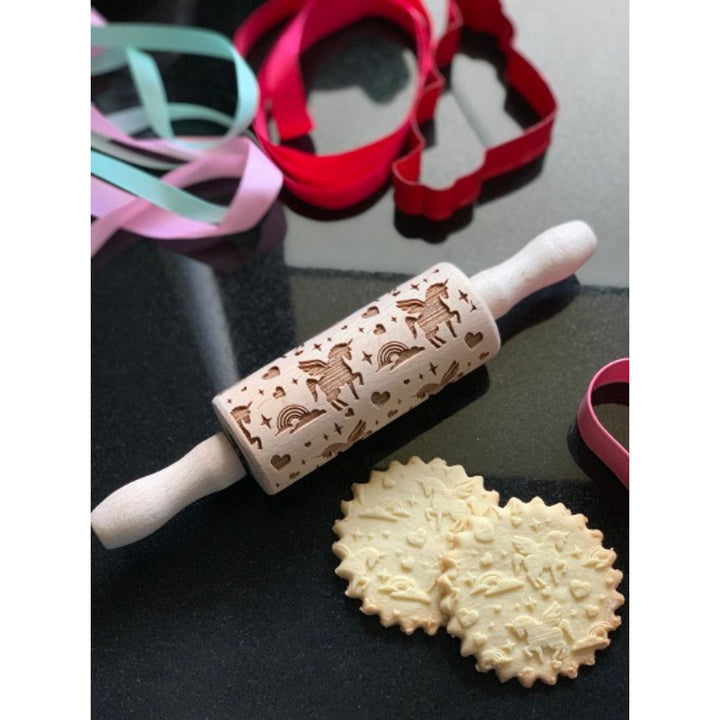 Goody Woody embossed rolling pin engraved cake roller, 23.5 cm, beech wood, unicorn design