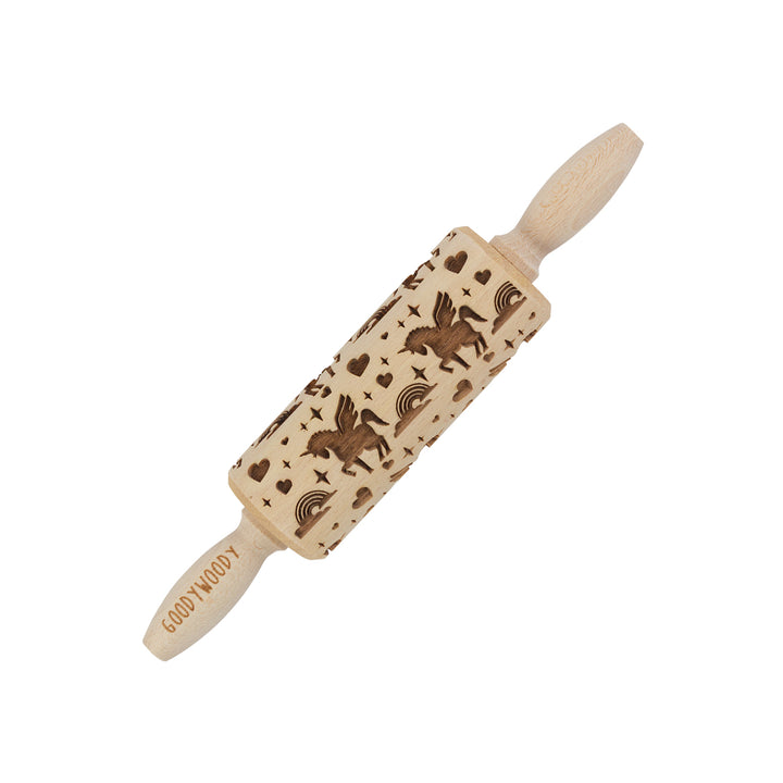 Goody Woody embossed rolling pin engraved cake roller, 23.5 cm, beech wood, unicorn design