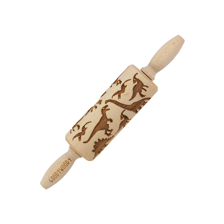 Goody Woody embossed rolling pin engraved cake roller, 23.5 cm, beech wood, dinosaur design