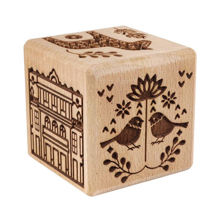 Goody Woody engraved cake cube, 6 cm, beech wood, 6 designs, Scandinavian style