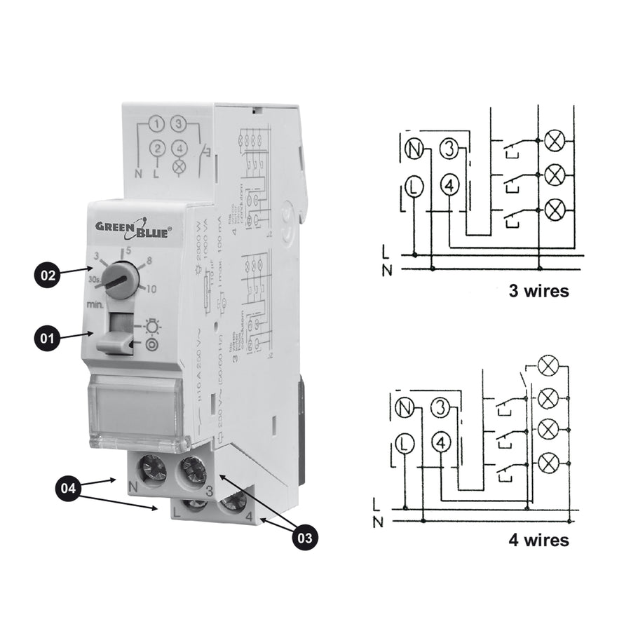 GreenBlue DIN rail staircase automatic, adjustment 30s-10m, max 2300 W, GB114, 3 pieces