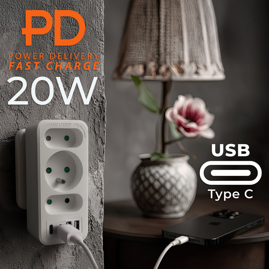 Current socket x3 + 4xUSB Maclean, splitter with 3 sockets, 2xUSB A, 2xUSB C PD 20W, 1x16A + 2x6A, MCE248 F/W