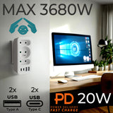 Current socket x3 + 4xUSB Maclean, splitter with 3 sockets, 2xUSB A, 2xUSB C PD 20W, 1x16A + 2x6A, MCE248 F/W