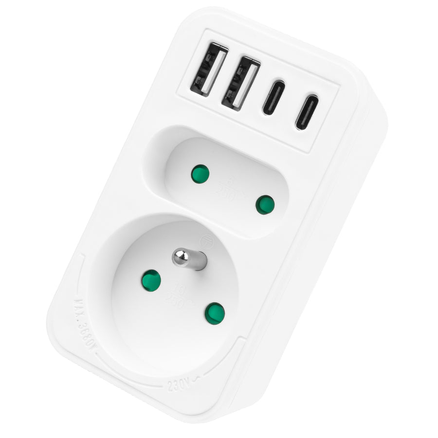 Current socket x2 + 4xUSB Maclean, splitter with 2 sockets, 2xUSB A, 2xUSB C PD 20W, 1x16A + 1x6A, MCE249 F/W