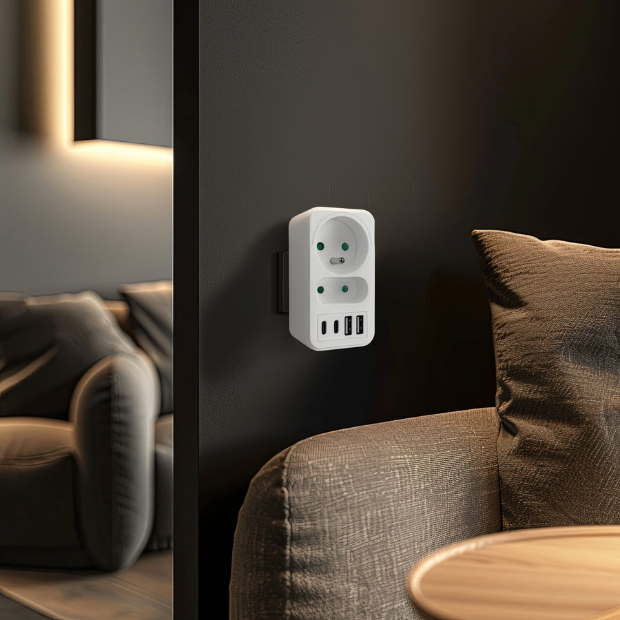 Current socket x2 + 4xUSB Maclean, splitter with 2 sockets, 2xUSB A, 2xUSB C PD 20W, 1x16A + 1x6A, MCE249 F/W