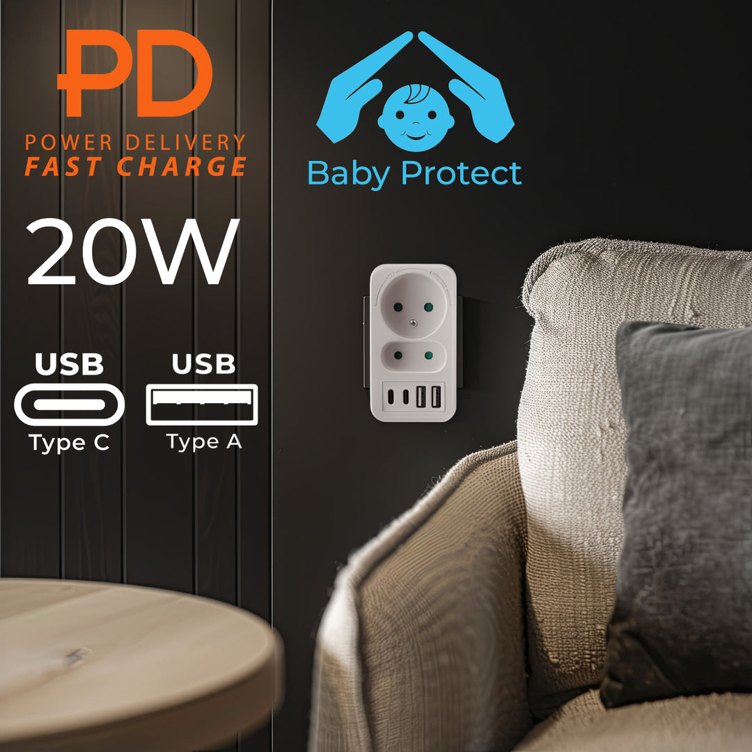 Current socket x2 + 4xUSB Maclean, splitter with 2 sockets, 2xUSB A, 2xUSB C PD 20W, 1x16A + 1x6A, MCE249 F/W