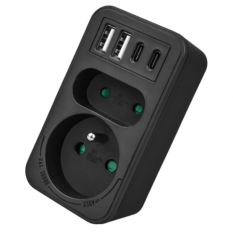 Maclean current socket x2 + 4xUSB, splitter with 2 sockets, 2xUSB A, 2xUSB C PD 20W, 1x16A + 1x6A, MCE249 F/B